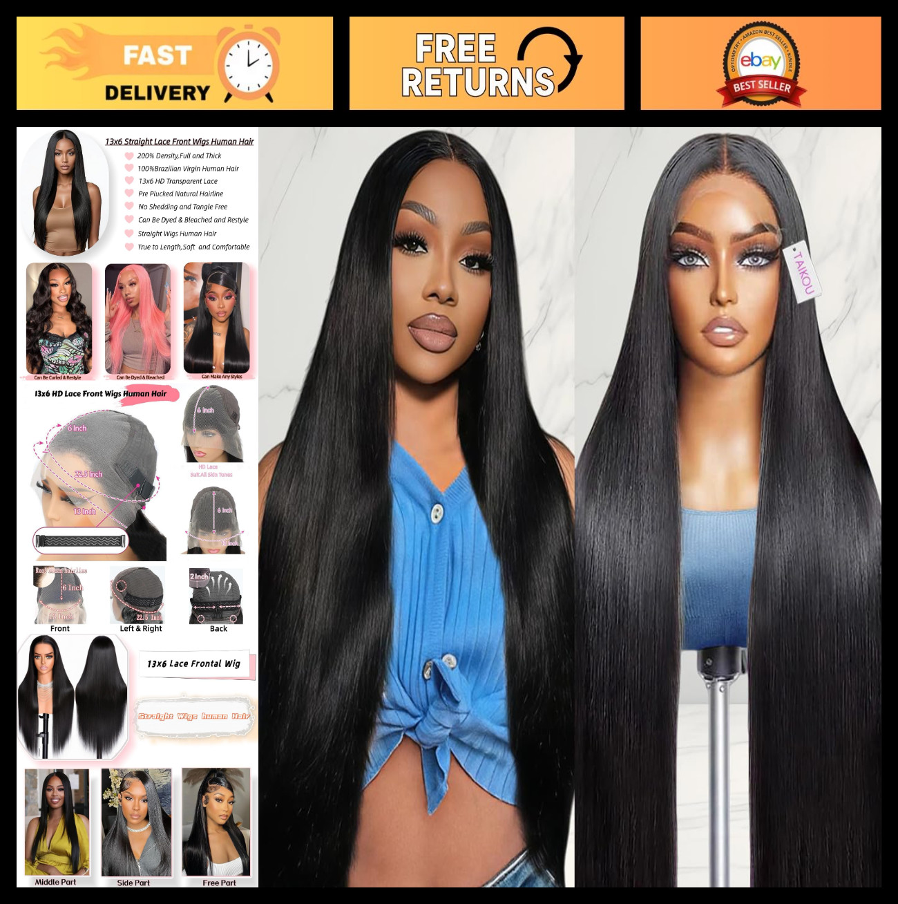 28″ Straight Human Hair Wig 13×6 Frontal Lace Front 200 Density Pre Plucked Natu