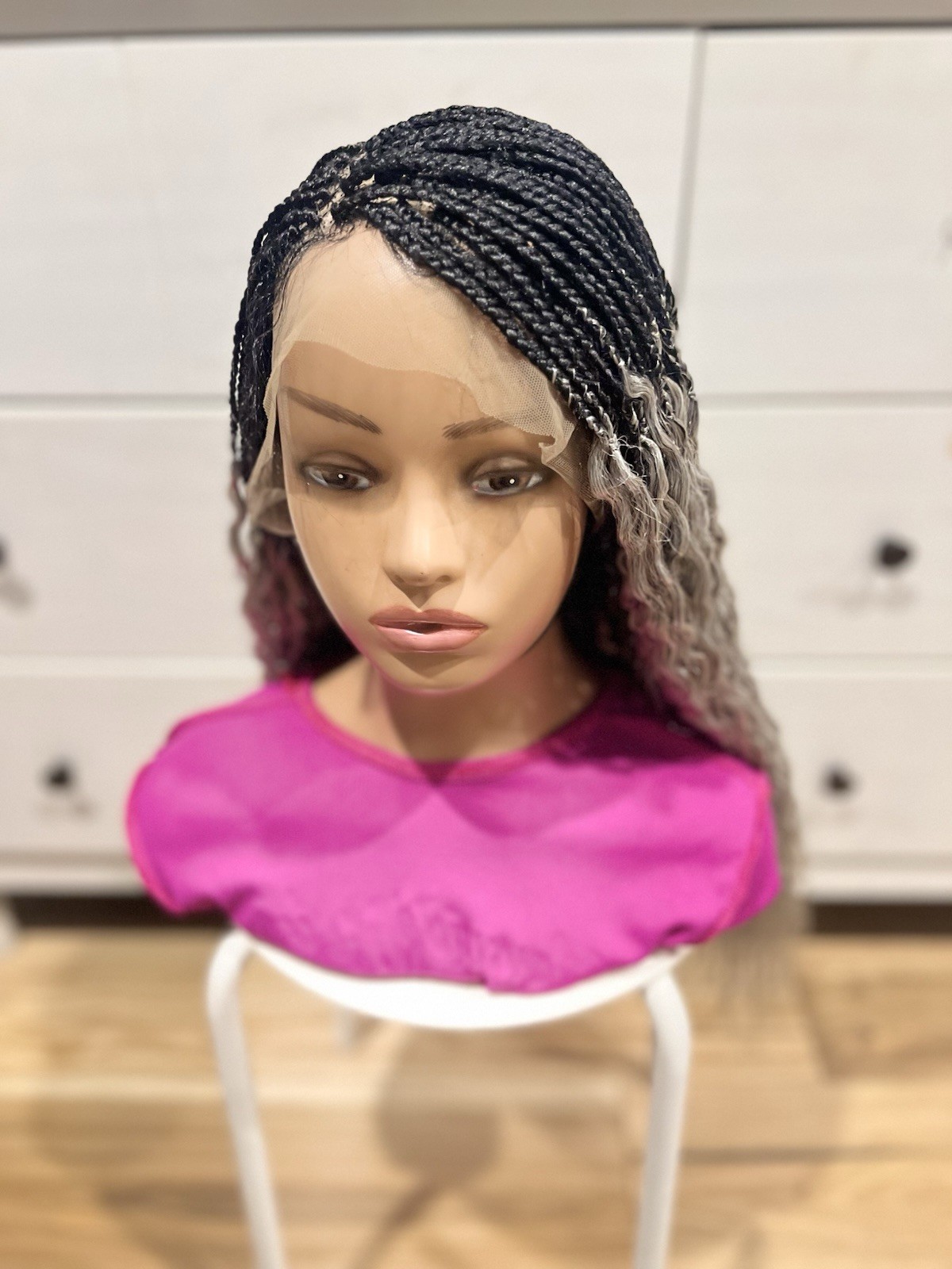 Braided water wave wig made on a full lace wig.length is 24” Black & Gray Wig
