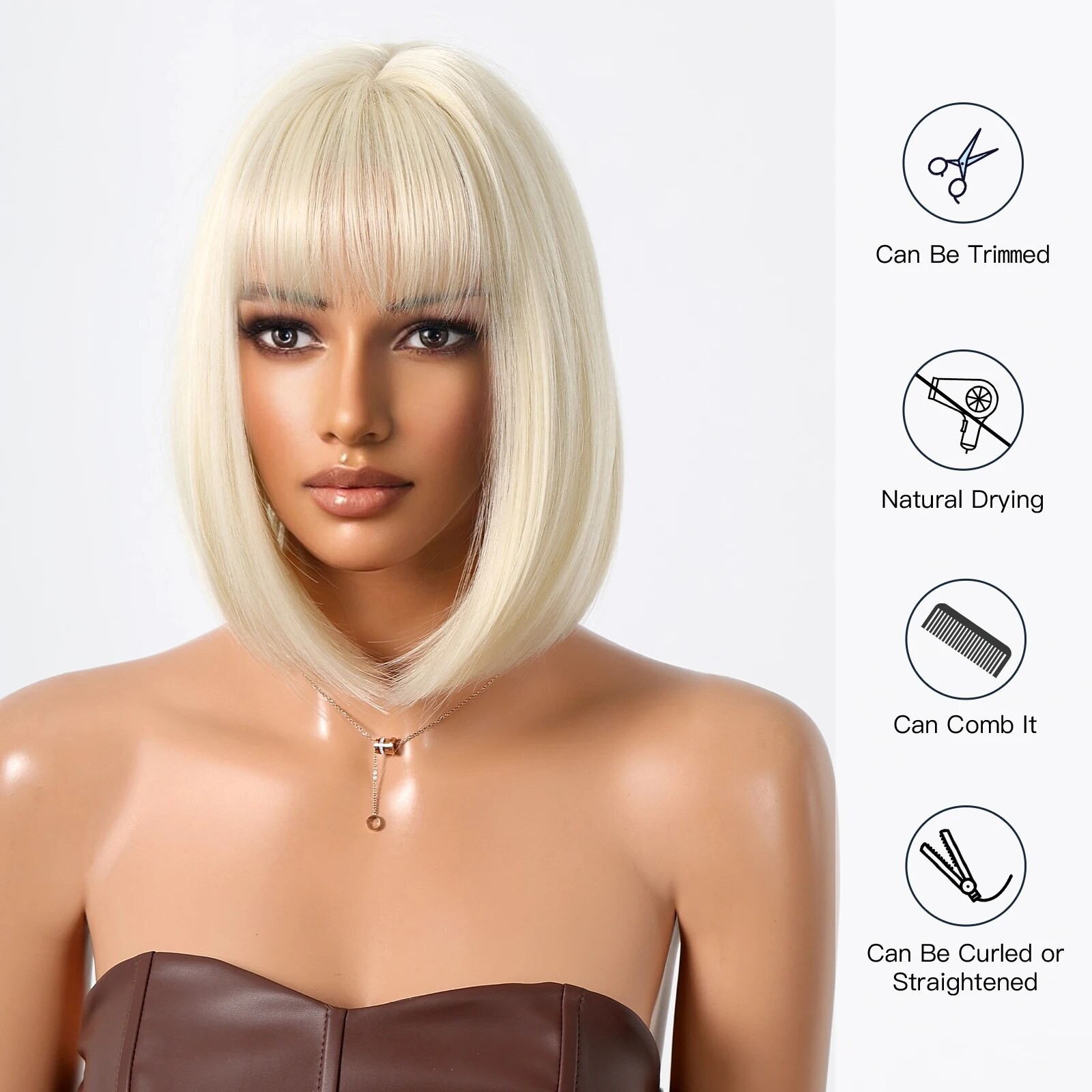 Heat Resistant Hair Blonde Bob Straight Dress Up Wig With Bangs Natural
