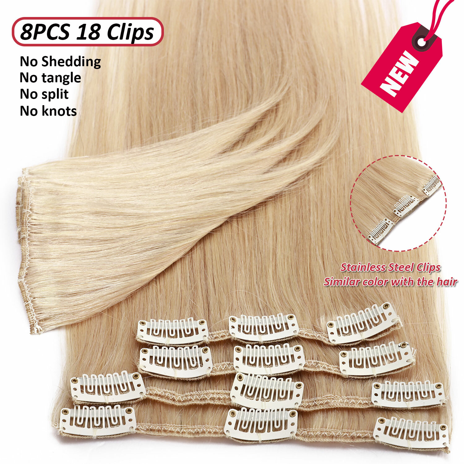 100% Real Russian Clip in Remy Human Hair Extensions 8 Pieces Full Head Blonde