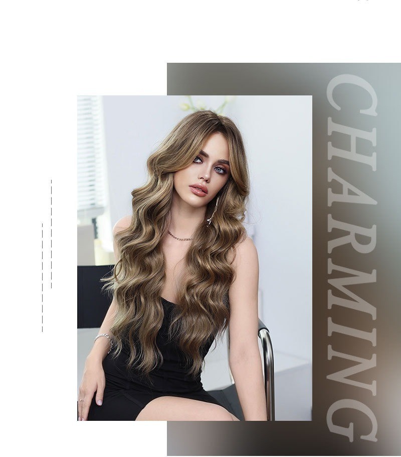 Bronze-golden long curly hair full head cover made of synthetic fiber with waves