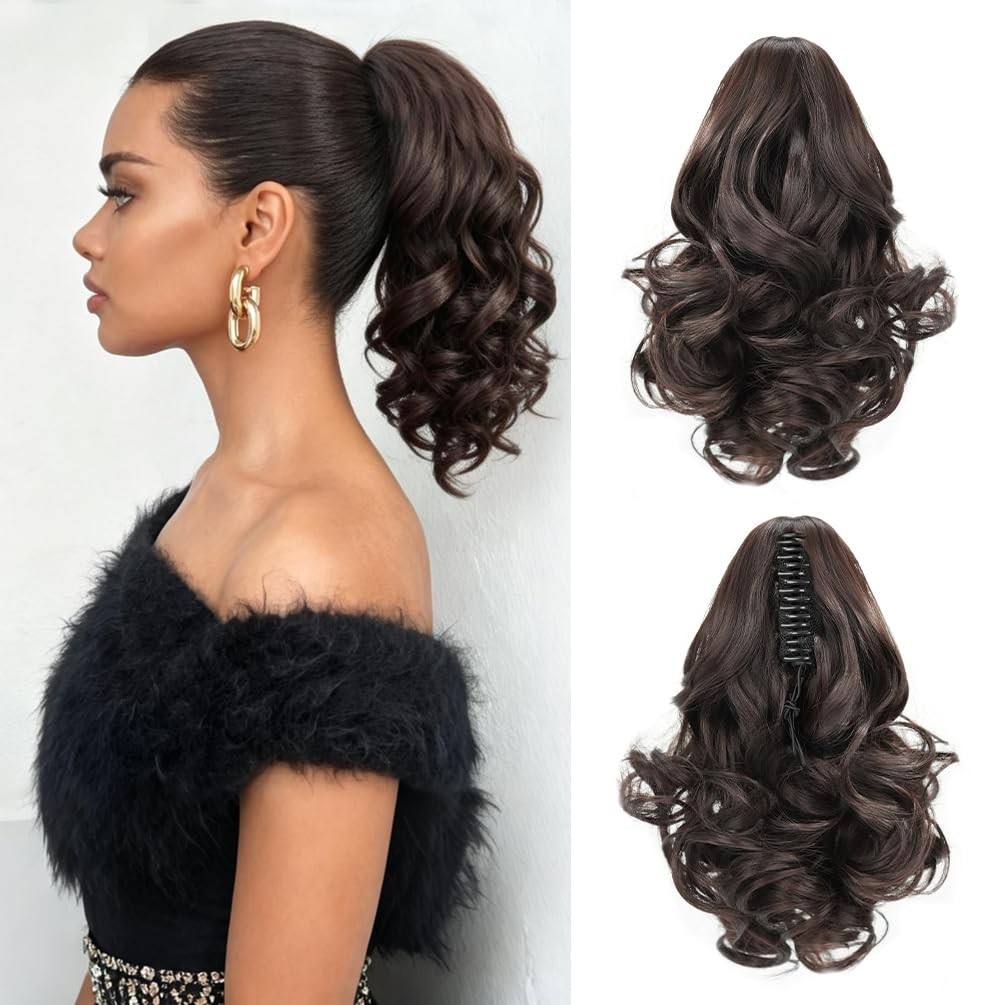 Ponytail Extension, 12in Claw Clip in Curly Wavy Pony 12 Inch, Dark Brown