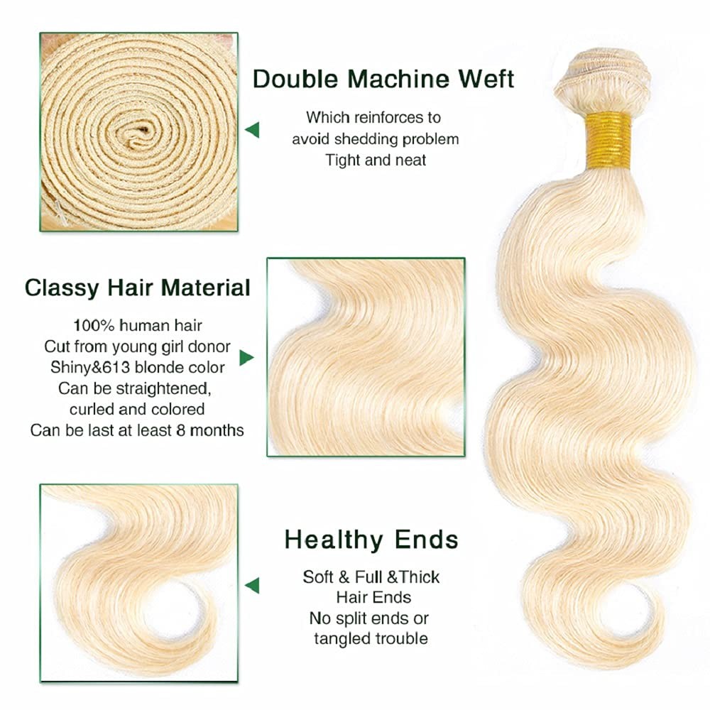 Freiuoke 28 30 32 Inch Blonde Human Hair Bundles 300G 613 Body Wave Bundle