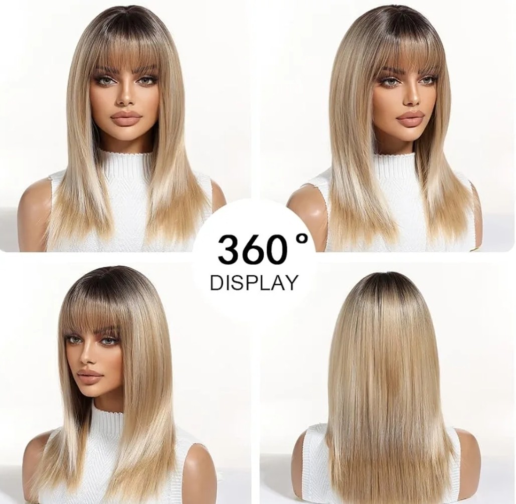 Platinum Blonde Wig Human Hair Blens Short Straight Bob Bangs Layers Natural