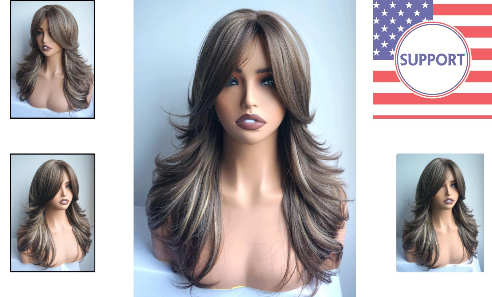 Heat-Stylable Layered Wig with Natural Hairline in Brown Blonde Highlights