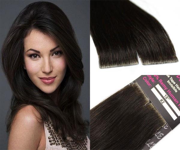 Tape In PU Injected Invisible Seamless Remy Human Hair Extensions Dark Brown #2