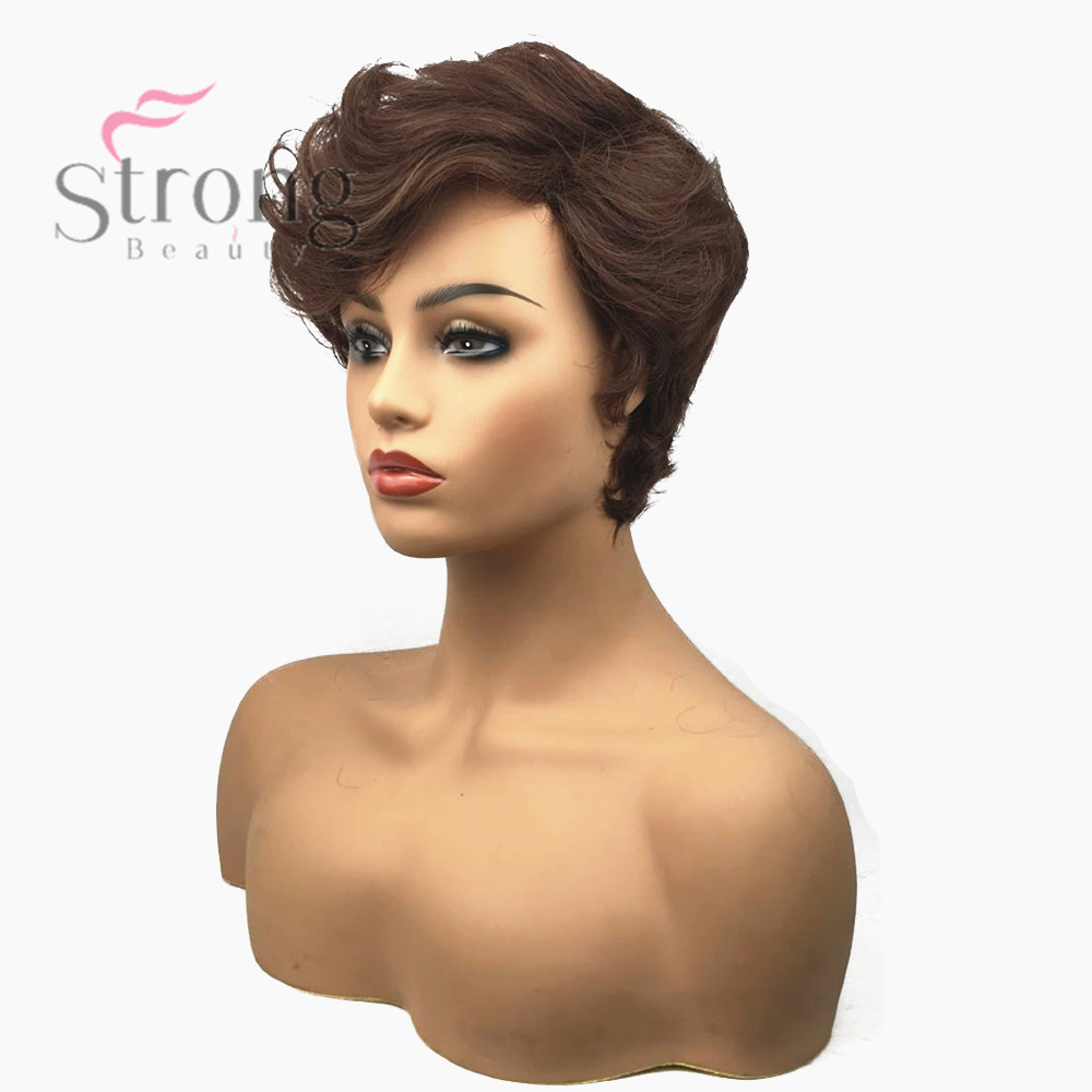 Synthetic Capless Brown Pixie Cut Hair Asymmetrical Side Bang Short Curly Wig
