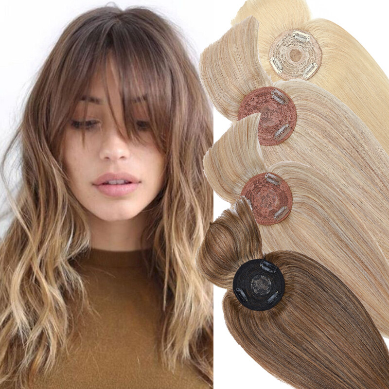 10″-14″ Clip In Remy Human Hair Topper Hairpiece Toupee with Bangs For Loss Hair