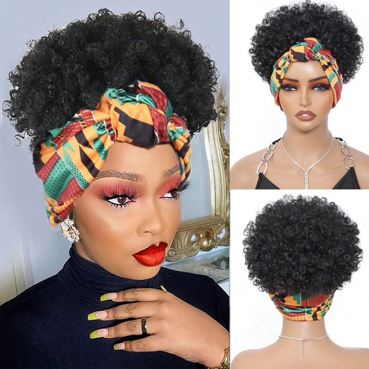 Black Headband Wigs For Women Afro Kinky Curly Synthetic Short Hair