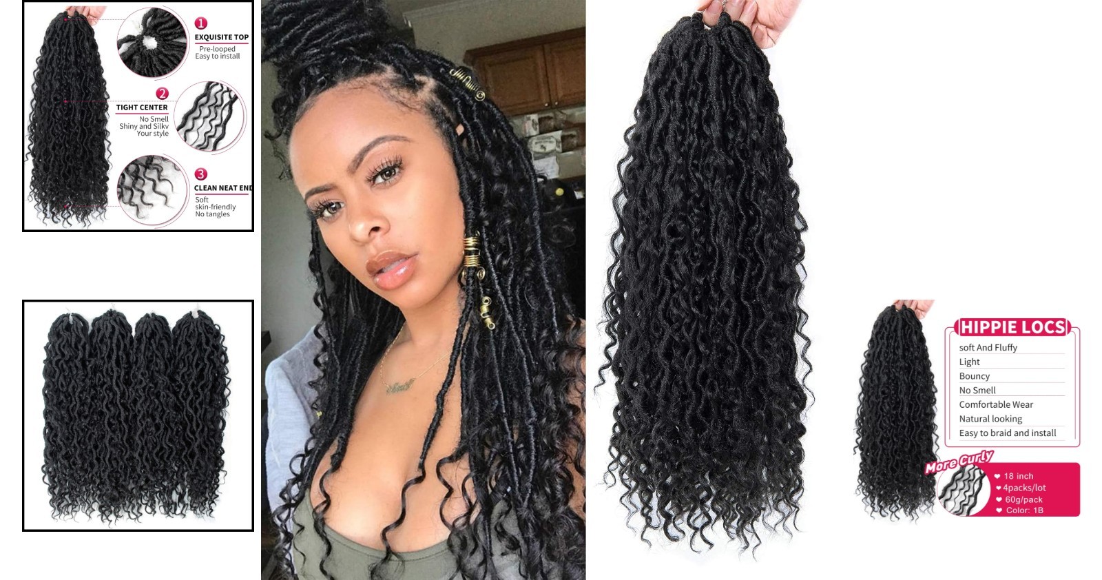 Goddess Locs 18-Inch Crochet Hair with Curly Ends – Bohemian 4 Pack