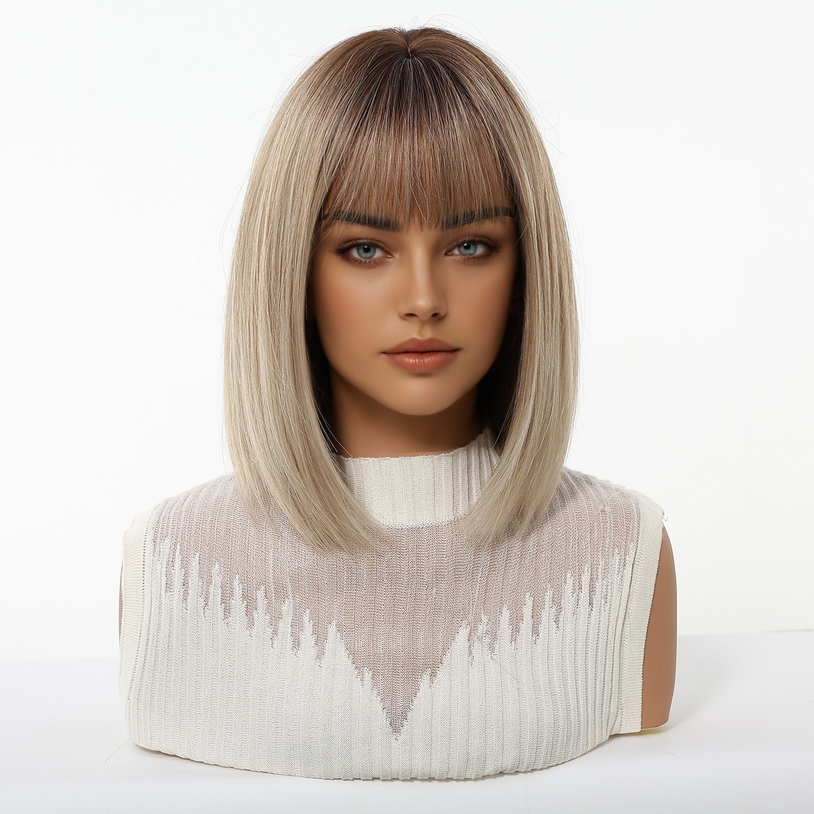 Ombre Ash Blonde Bob Wig With Bangs for Women Girls Party Daily Straight Bob Wig