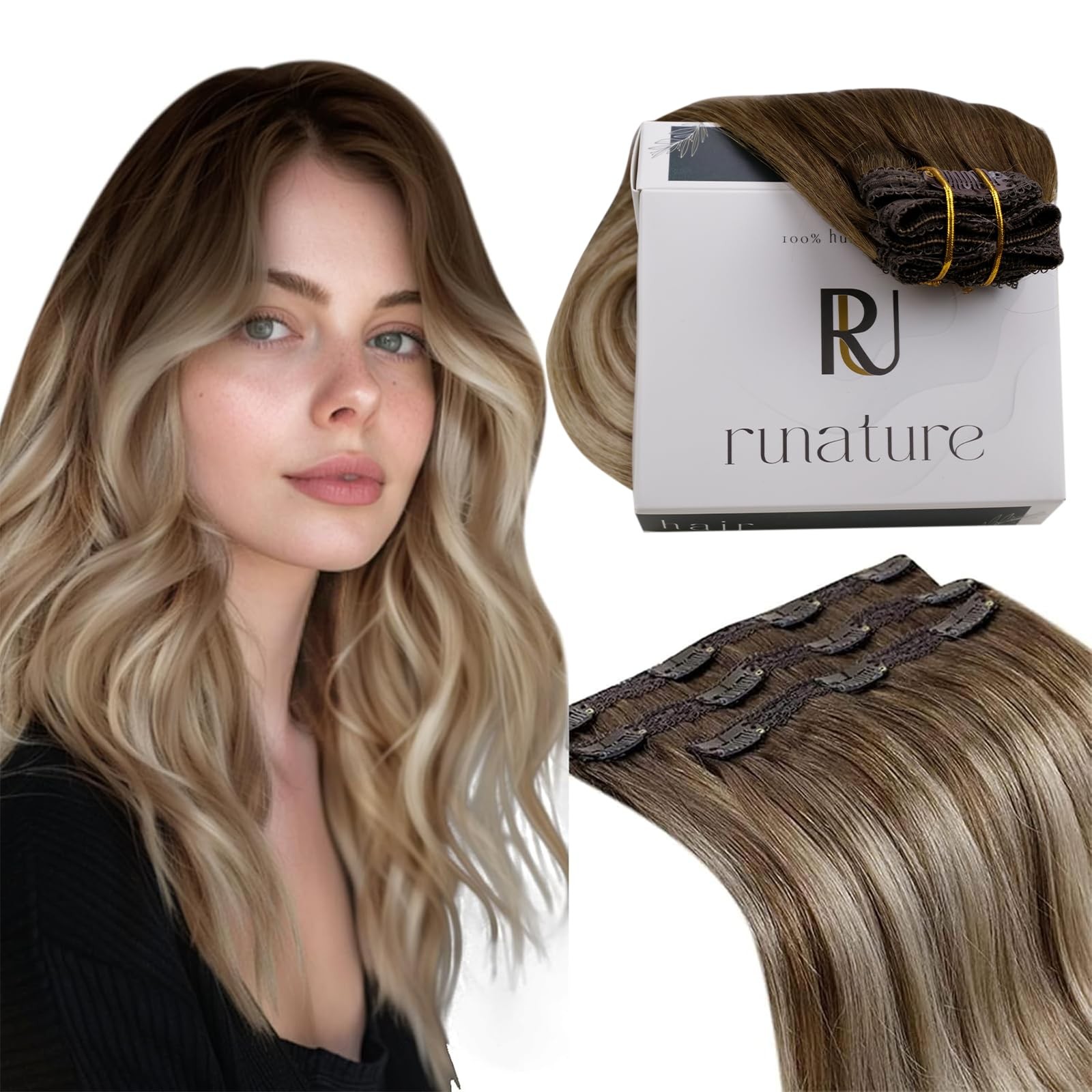 Balayage Clip in Hair Extensions 12 Inch 50g #3/8/22 Walnut Brown to Blonde
