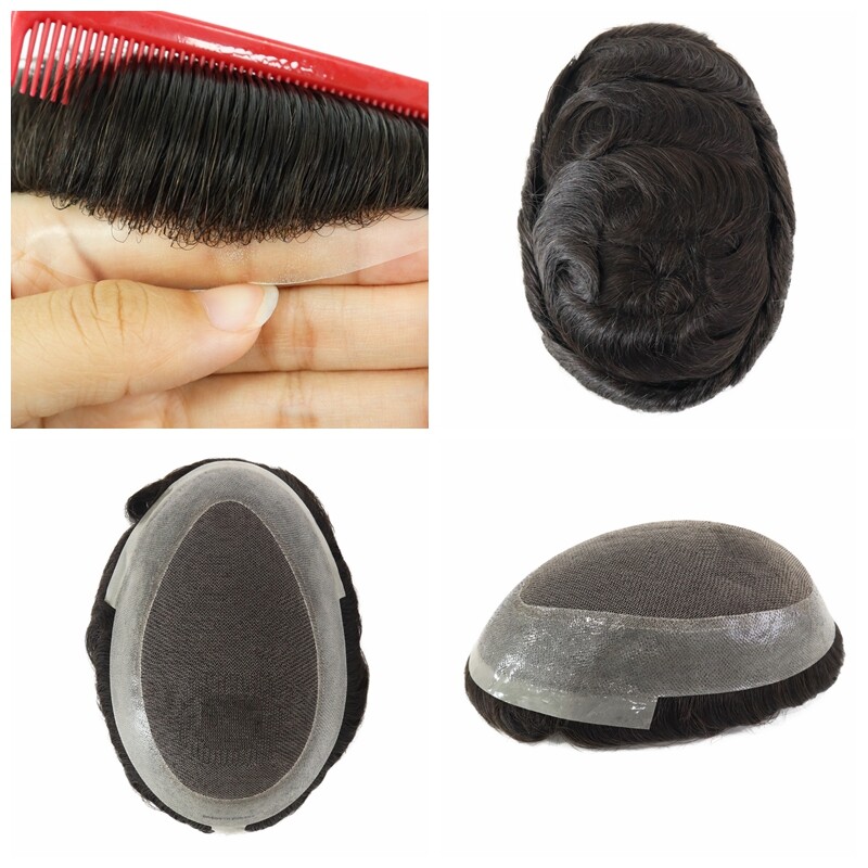 Toupee for Men Human Hair Replacement System French Lace Black Hairpieces 7×9#1B