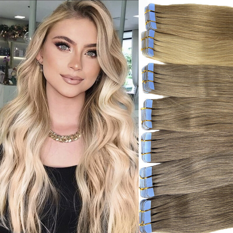 Tape in Hair Extensions Real Remy Human Hair Invisible Skin Wefts Full Head Hair