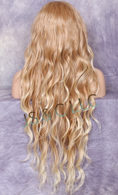 Human Hair Blend HEAT OK Blonde mix Lace Front Wig Wavy long 37″ JSTA T27/613