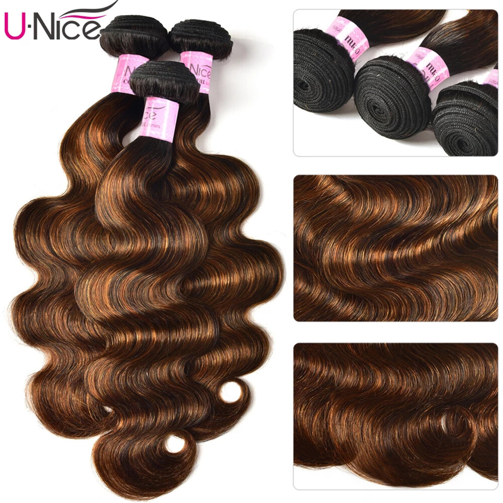 UNice Cambodian Ombre Brown Body Wave Hair Weaves 3 Bundles Human Hair Extension