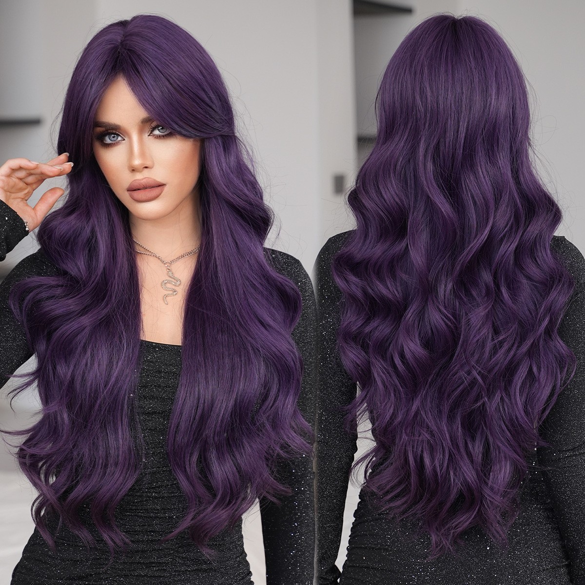 Dark Purple Long Curly Wavy Wig with Curtain Bangs for Women Cosplay Party 30 in