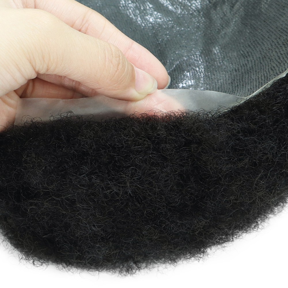 Mens Human Hair Replacement System Afro Curl Poly Skin Toupee Black Hair Pieces
