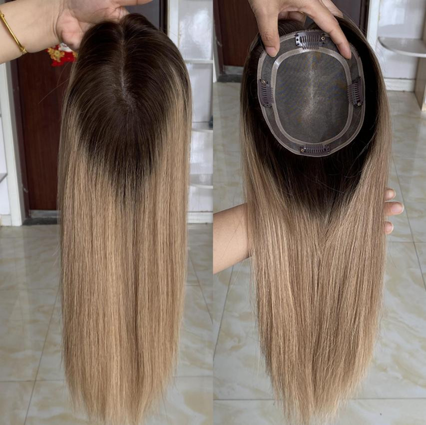 14″ 16″ 18″ Mono Base Rooted Blonde European Virgin Human Hair Toppers 5×6″