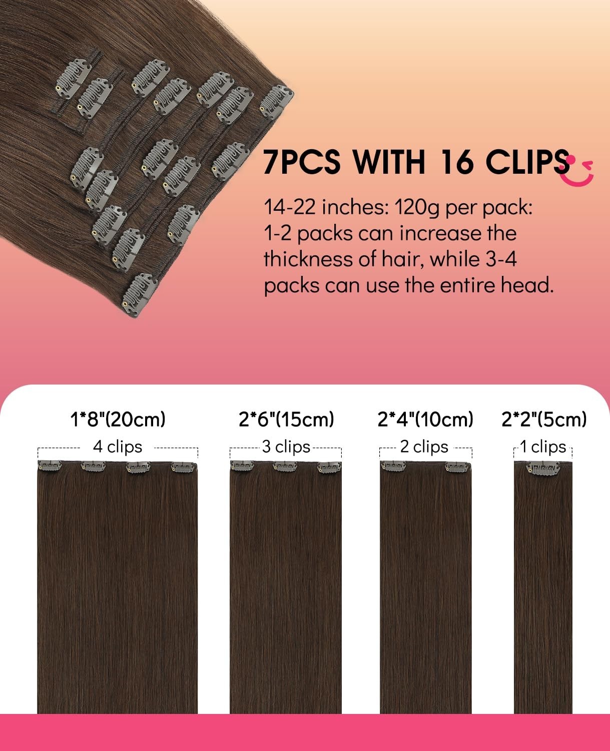 22″ Clip-In Human Hair Extensions, Remy Silk Straight Thick 120g, Medium Brown 7