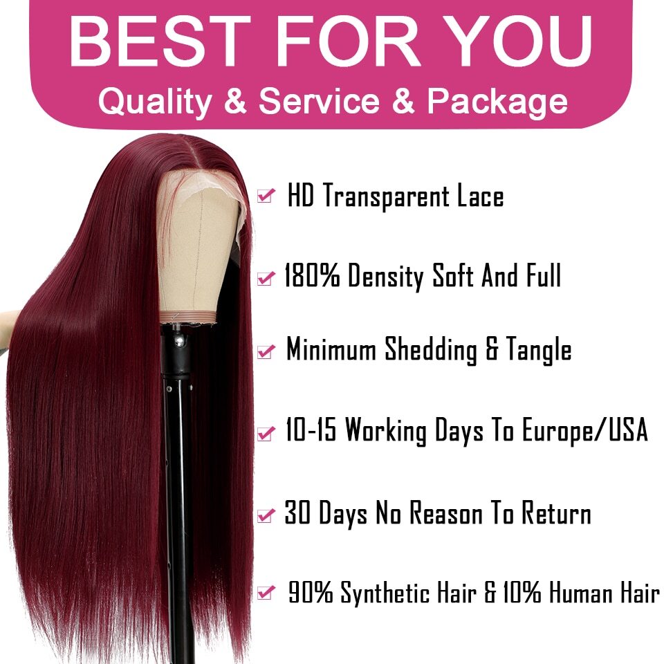 13x4Transparent LaceWigs Synthetic Straight Burgundy Wig Pre Pluck HeatResistant