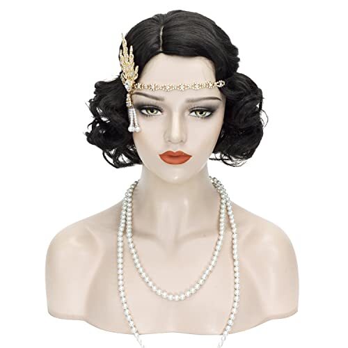 Finger Wave Wig Women Black 1920s Vintage Flapper Wig Lady Rockabilly Short C…