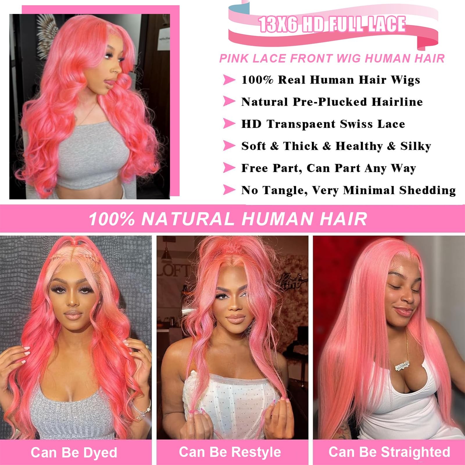Elfsecret Pink Lace Front Wigs Human Hair For Women Hot Pink 13X6 Body Wave