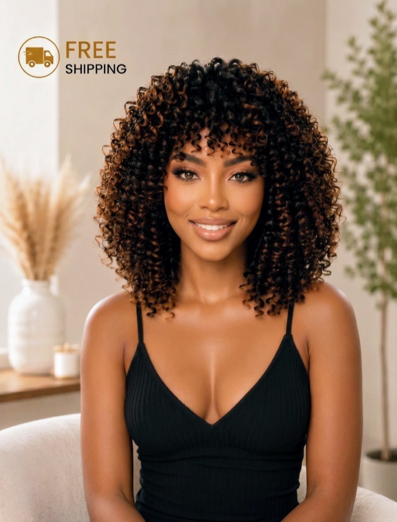 Afro Curly Wig with Bangs Black & Warm Brown Highlights Natural Synthetic Hair