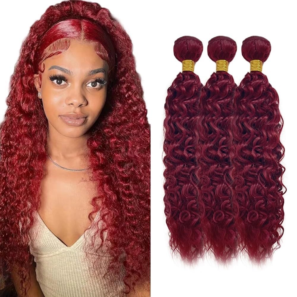 Fabimiya Human Hair Bundles Burgundy 99J Water Wave 10 12 14 Inch Bundles Human