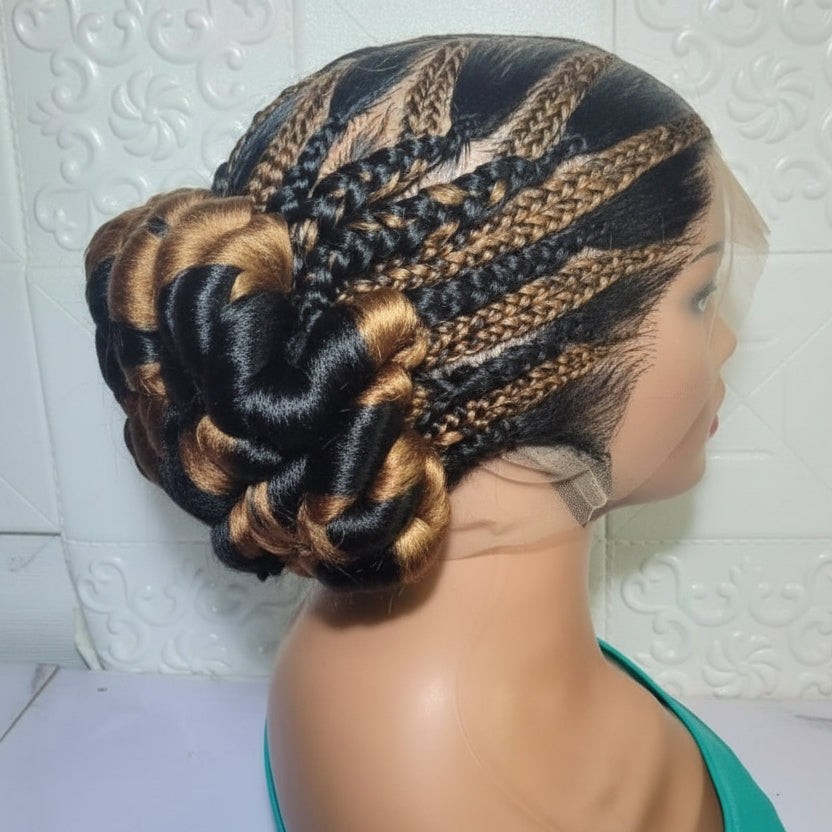 Handmade Cornrow Bun Braided Wig. Full Lace Cap.