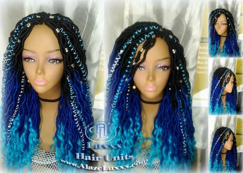 Goddess Faux Locs Blue Ombre curly long wig synthetic dreads braids Mermaid Hair
