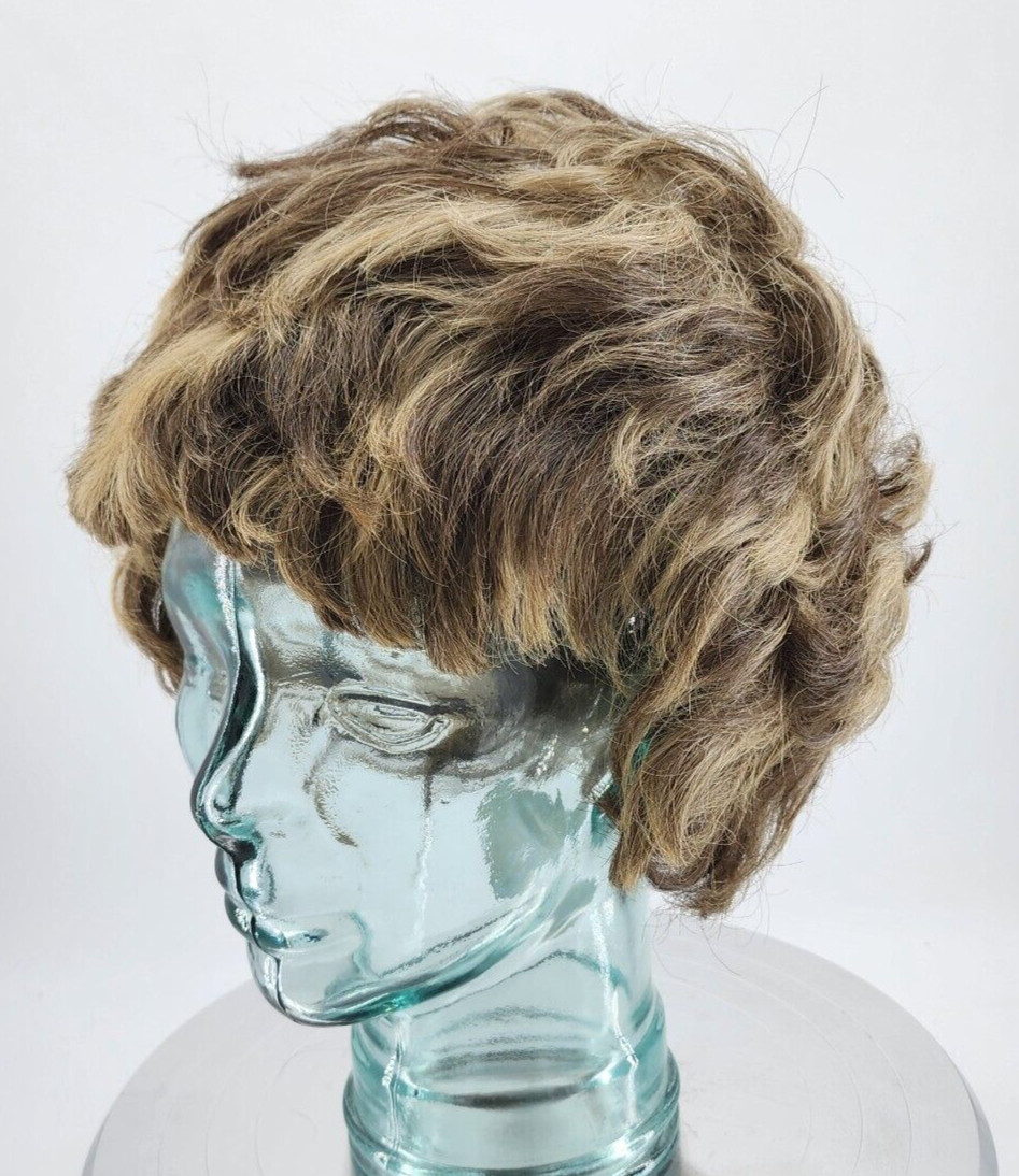 Vtg Short Hair Wig Slight Wave Brown/Honey Blonde Chunky Highlights 100% Dynel