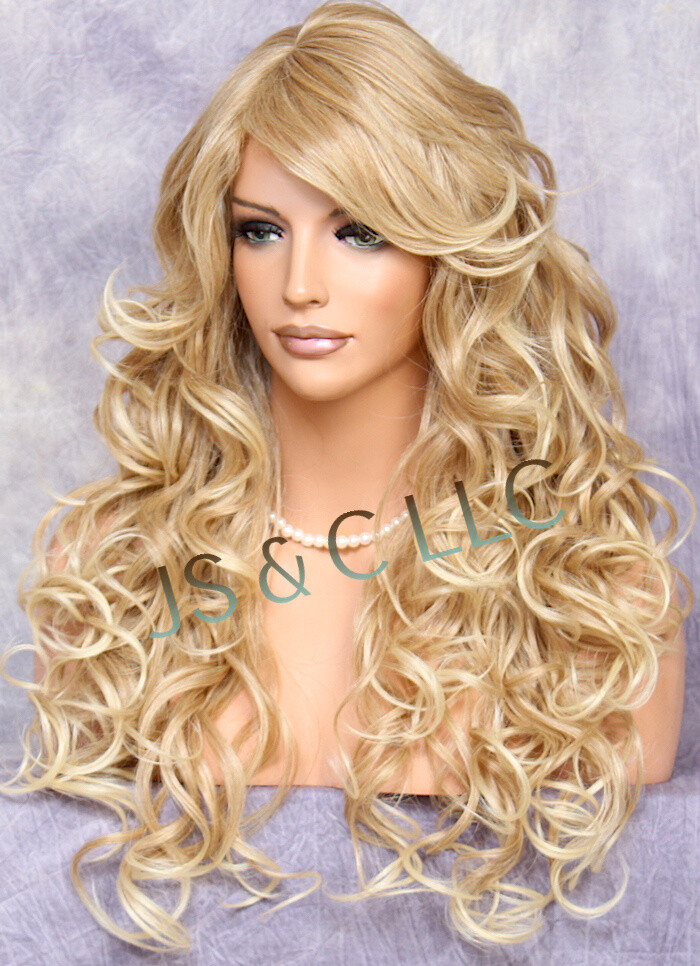 Full Heat OK Curly Long Human Hair Blend Wig Blonde mix Bangs 27-613 NWT WBSO