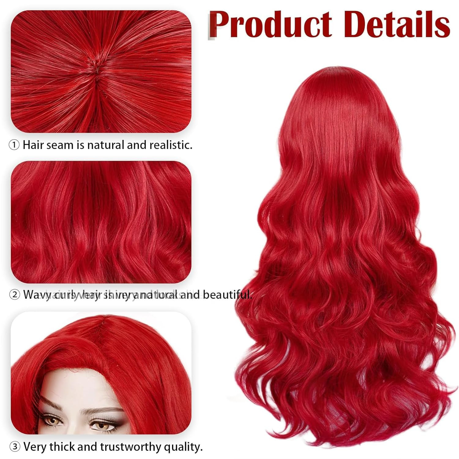 Red Mermaid Wigs for Woman with Starfish Hair Clips, Adult Curly Long Hair Daily