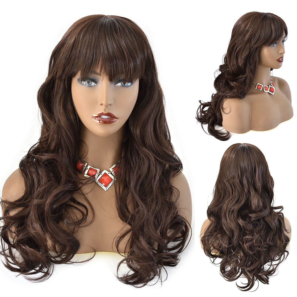Long Wavy Women Wig Bangs Synthetic Black Brown Hair Cosplay Party Wigs 66cm US