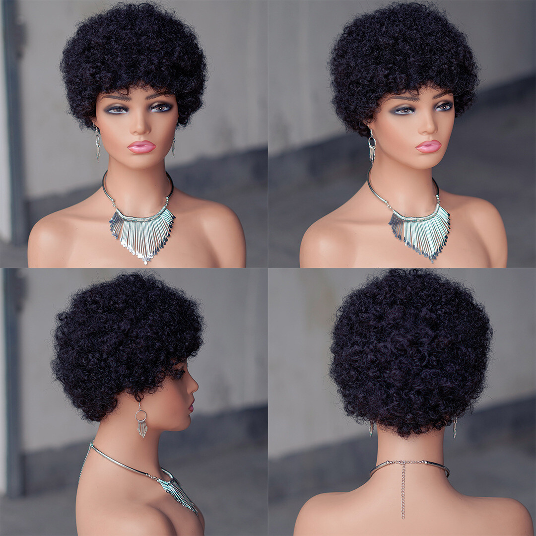 6″ Human Hair Wig Short Afro Kinky Curly Full Machine Made Wig for Black Women
