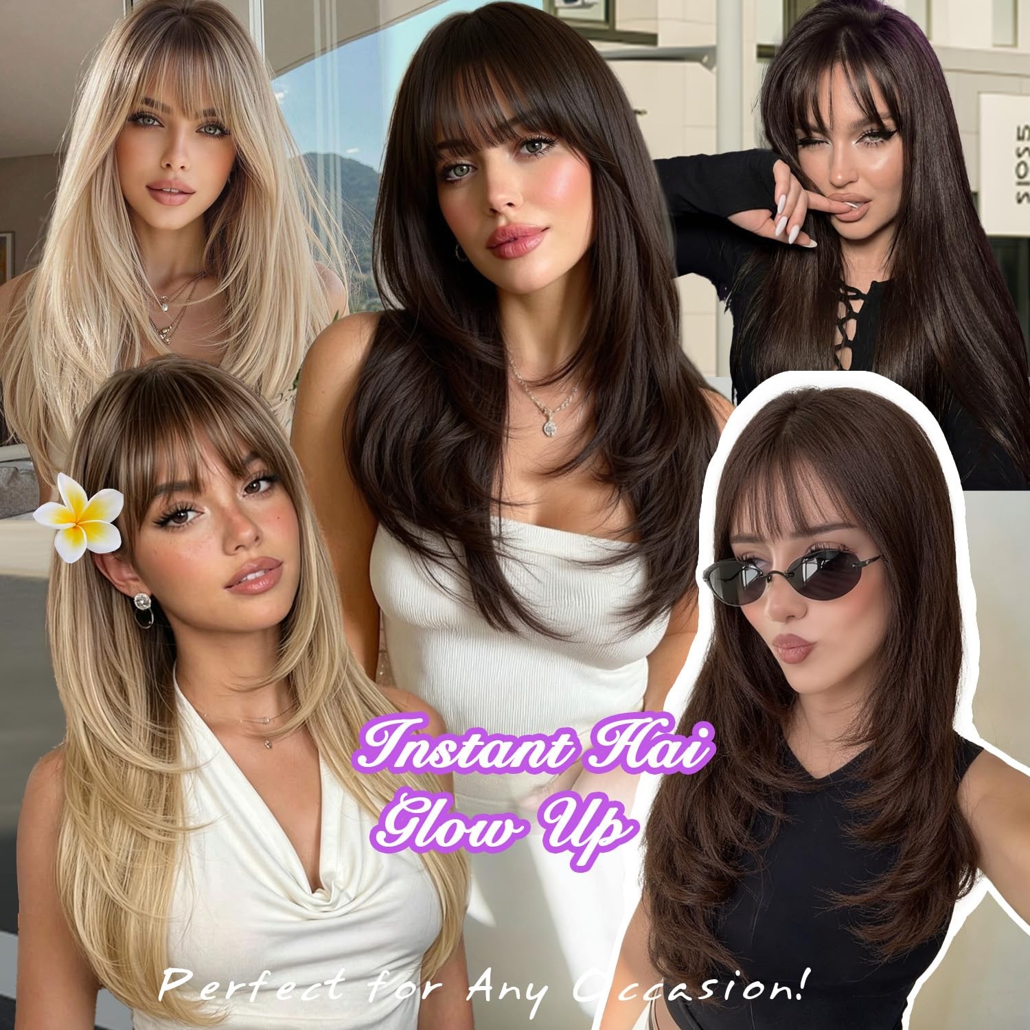 Long Layered Blonde Wig with Bangs Straight Synthetic Wig for Women 26 Inch