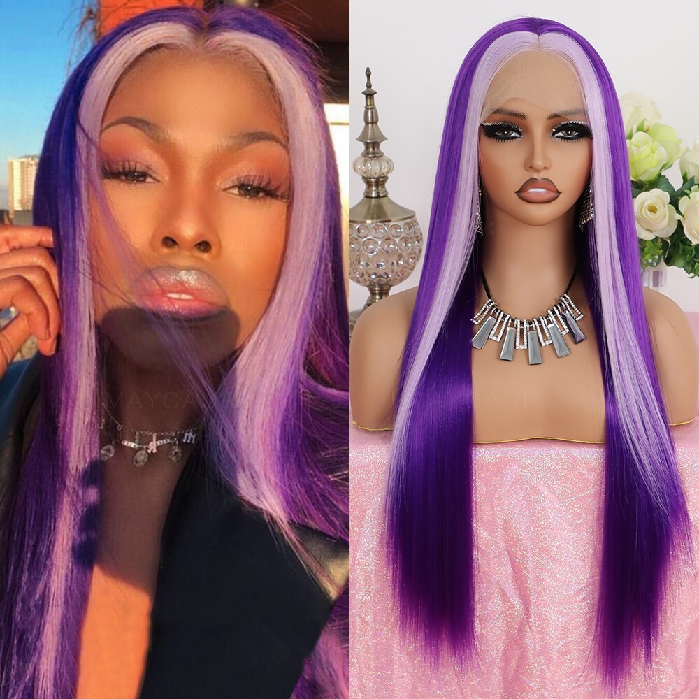 Blond Highlights Lace Front Wig Purple Skunk Stripe Wigs Long Straight Hair Soft