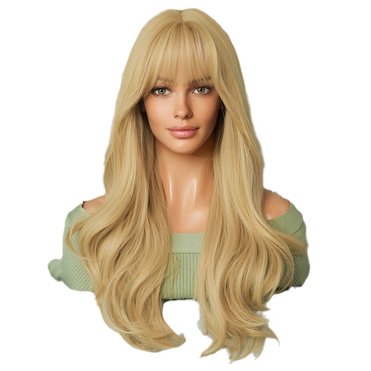 Long Curly Blonde Wig with Bangs for Cosplay Party Natural Synthetic Hair 22in