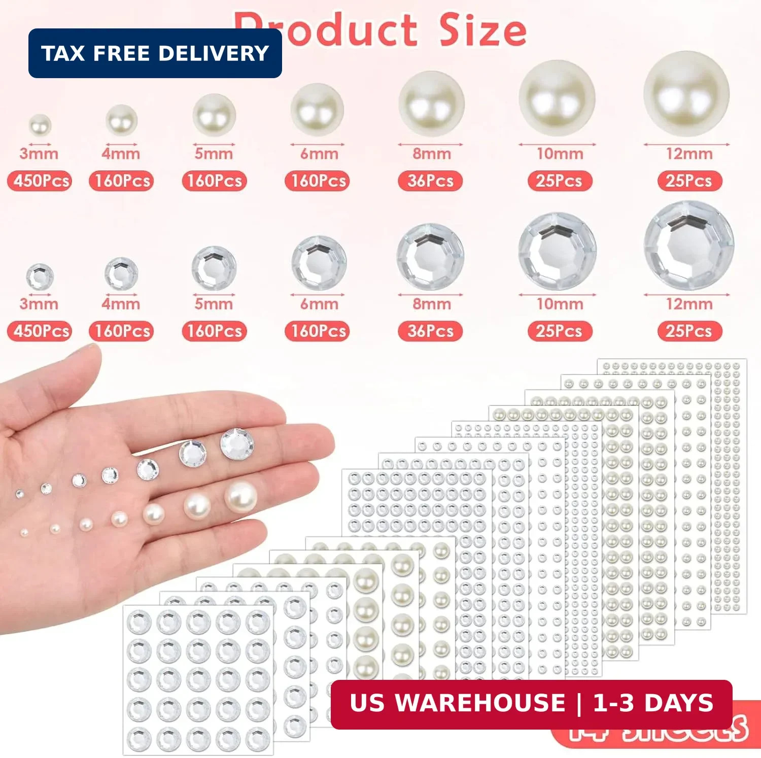 2032 Pieces Self Adhesive Hair Gems and Hair Pearls, Face Pearls and Jewels Stic