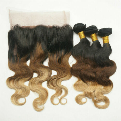 12AA 1B/4/27# 3TONES ROOT OMBRE BRAZILIAN VIRGIN HAIR 3BUNDLES+LACE 360 FRONTAL