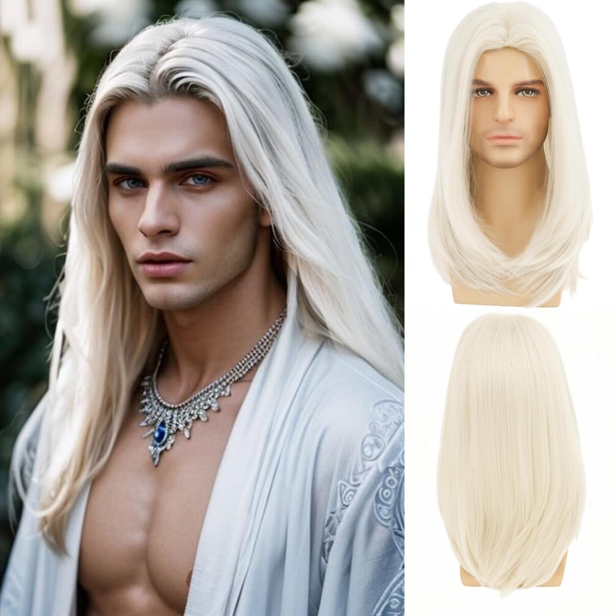 Mens Long Hair Wig Platinum Blonde Straight Middle Part Heat Resistant Men Wi…