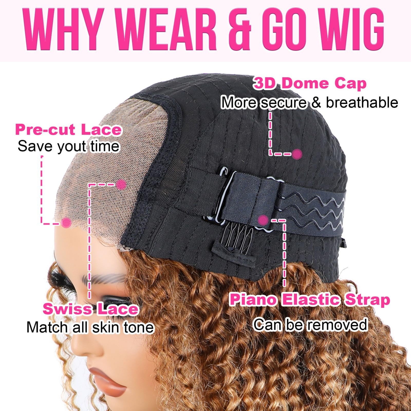 14″ Kinky Curly Glueless Wig Ombre Highlight 4/27, Pre-Cut Lace, Human Hair, 200