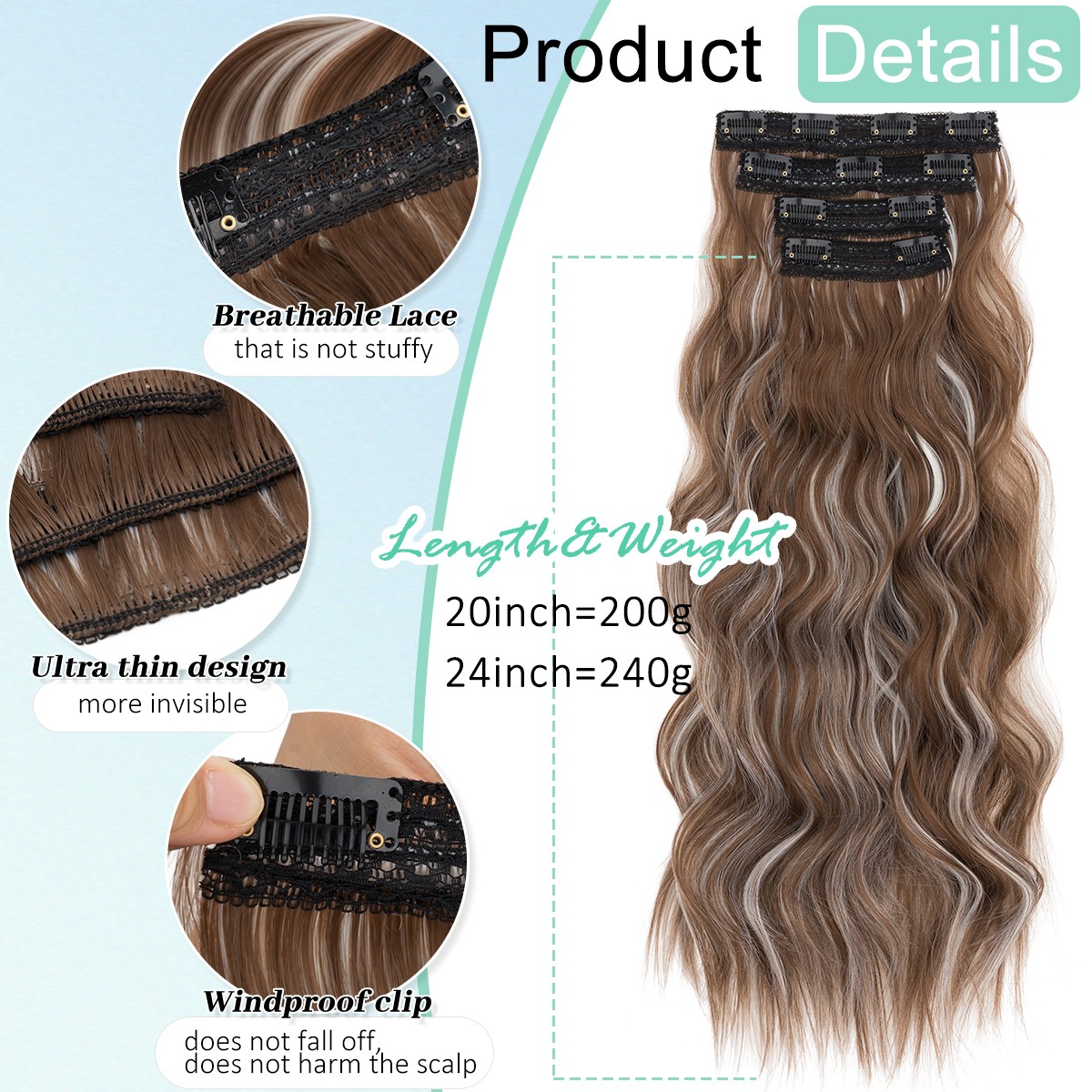 20/24″ Clip in Hair Extensions 4 Pieces Long Wavy Synthetic Hairpieces Lace Weft