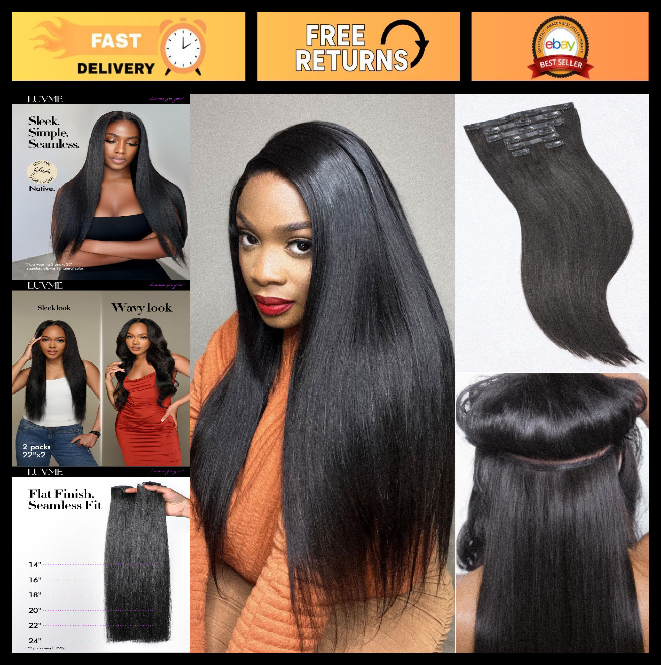 Yaki Straight Clip-In Hair Extensions 2 Pack 220g, 18″ Natural Black, 100% Remy