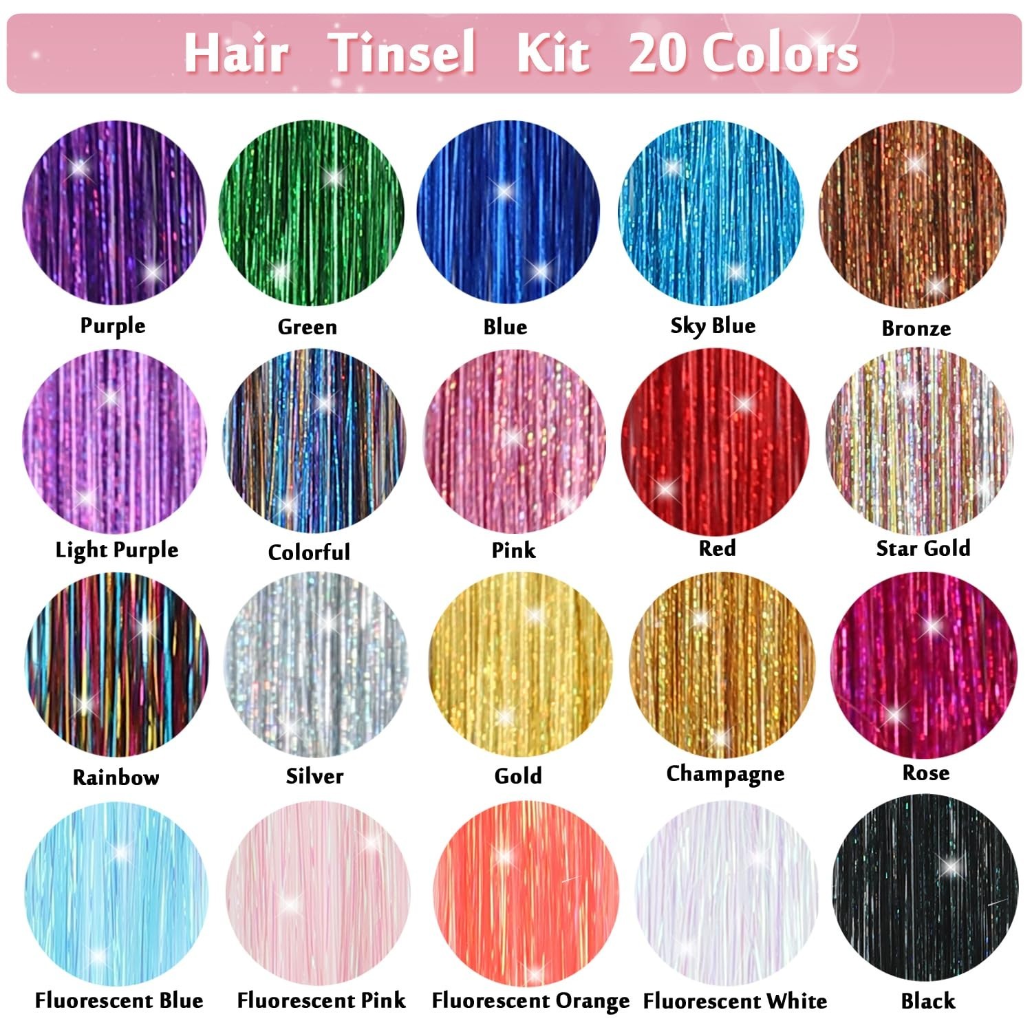 20 Colors Hair Tinsel Kit – 8800 Strands Heat Resistant 48 Inch Sparkle Set
