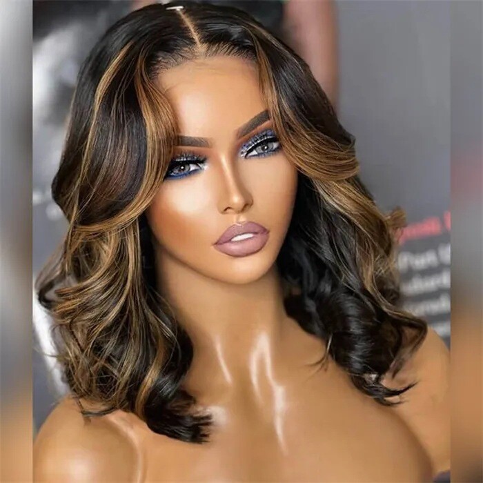 Human Hair Lace Front Wigs Black with Blonde Highlights 220% Density