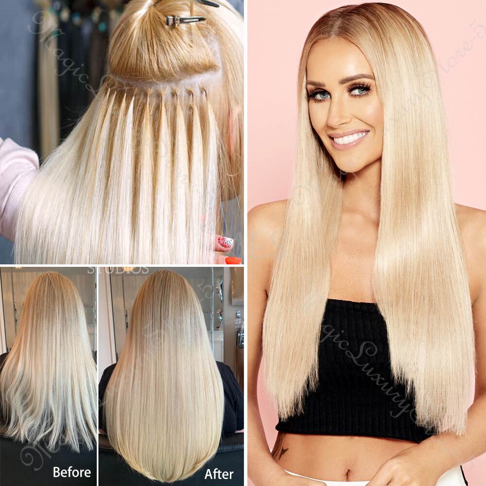 Keratin Fusion Pre Bonded Nail U Tip Glue 100% Virgin Human Hair Extensions 24in