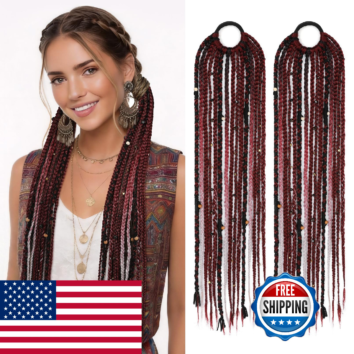 Seikea 2Pcs Boho Braided Ponytail Extension Hair Tie 24 Long Viking Dreadlock