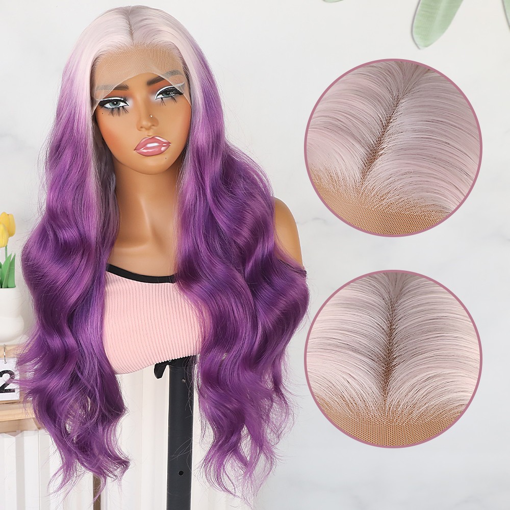 Body Wave Lace Front Wigs Ice Pink Ombre Purple Hair Long Wavy Heat Safe Natural